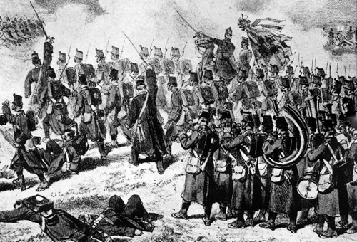Et østrigsk infanteriregiment angriber med fuldt musikkorps helt ude i kamplinien i 1864. Træsnit af den østrigske maler og grafiker Vinzenz Katzler. Den kunne være det østrigske 27. Infanterie-Regiment ved Sankelmark.