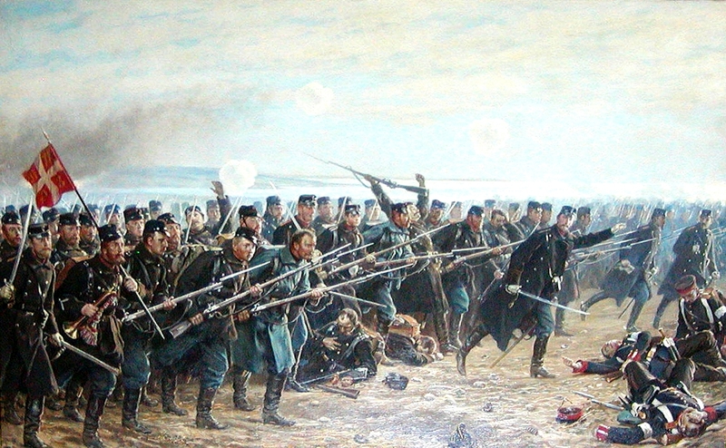 8. Brigades modangreb ved Dybbøl den 18. april 1864. Udsnit af et maleri af Vilh. Rosenstand, der selv deltog i krigen som løjtnant.. Læg mærke til hornblæseren med fanen. Det kan udmærket være en af musikerne fra et af brigadens feltmusikkorps.