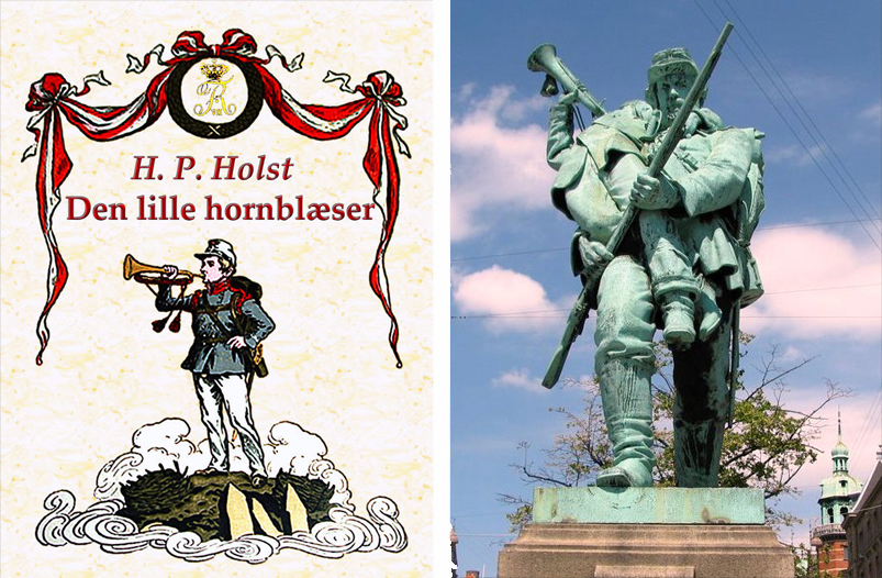 Forsiden til digtet 'Den lille hornblæser' af Holst, der inspirerede billedhuggeren H.P. Pedersen til monumentet med samme navn. Det blev opstillet på Rådhuspladsen i 1899.