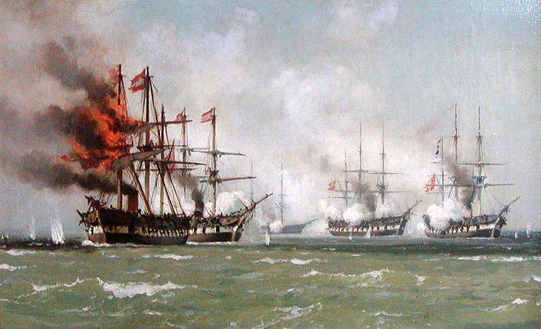 Den danske nordsøeskadre under slaget ved Helgoland 1864. Det østrigske flagskib 'Schwartzenberg' er skudt i brand. Maleri af Johan Carl Neumann 1864.