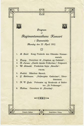 Koncertprogram fra 9. Regiments Musikkorps 1912. På trods af nedskæringerne, var ambitionsniveauet højt. Dette program har været spillet af maksimalt 10 messingblæsere og slagtøj.