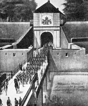 Et regiment rykker ud af fæstningen i Rendsborg. (Foto fra Lindhardt ’Klingende Spil’ Kbh. 1932)